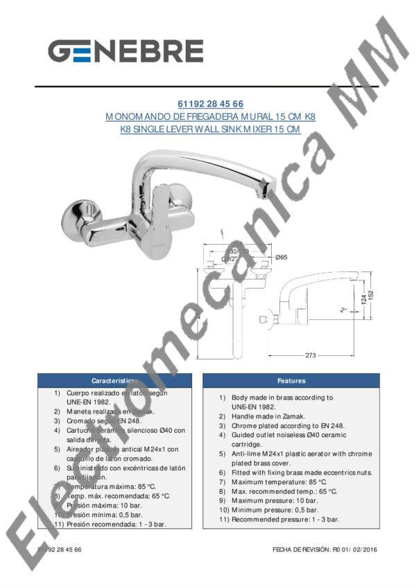 Monocomando De Pared 24cm – Genebre – Artículo 61192 28 45 66