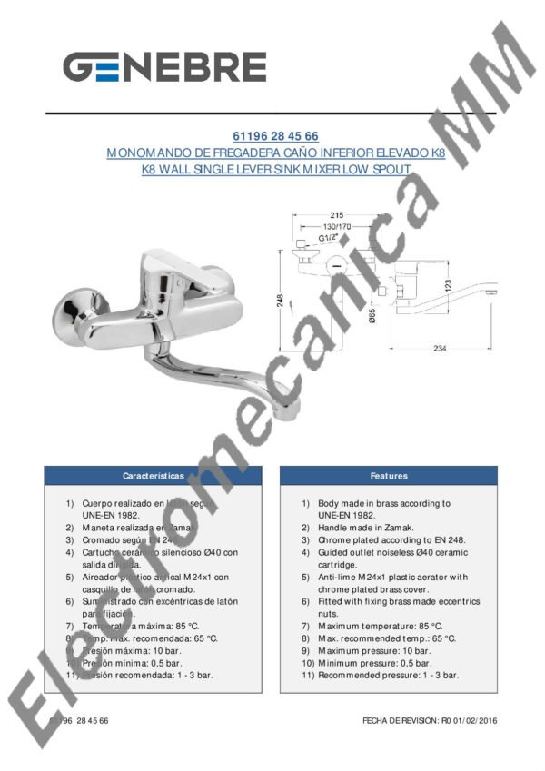 Monocomando De Pared Caño Inferior Elevado – Genebre – Artículo 61196 28 45 66