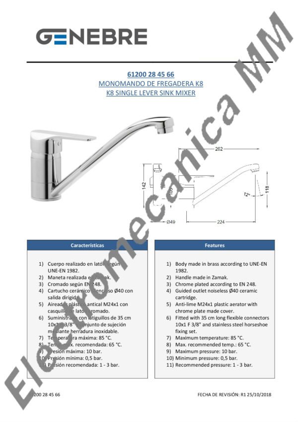 Monocomando Mesada – Genebre – Artículo 61200 20 45 66