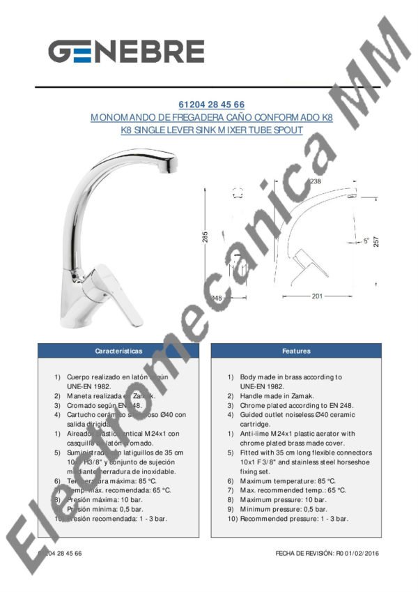 Monocomando Mesada – Genebre – Artículo 61204 28 45 66