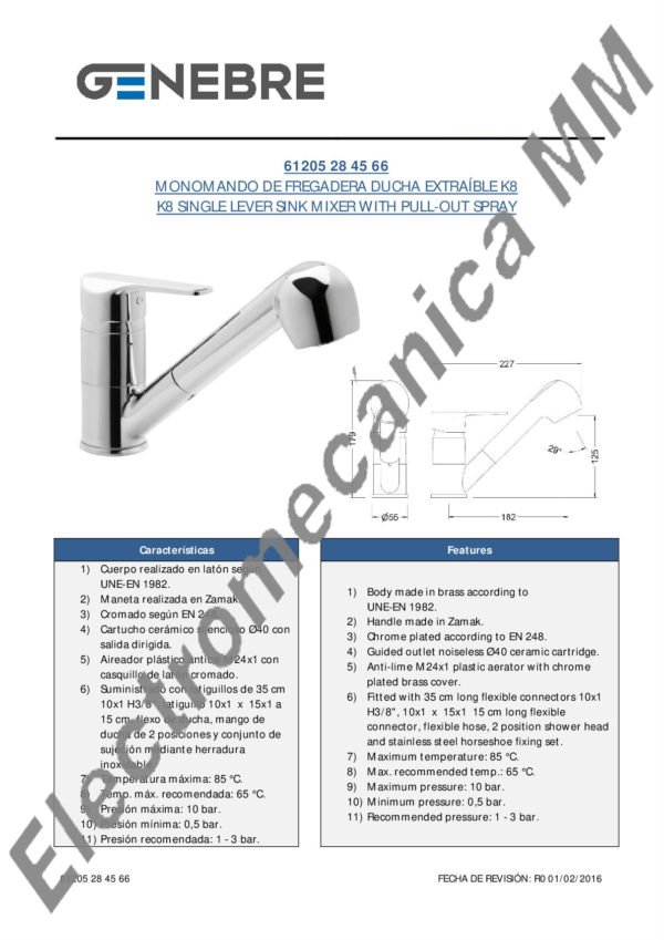 Monocomando Mesada Ducha Extensible – Genebre – Artículo 61205 28 45 66