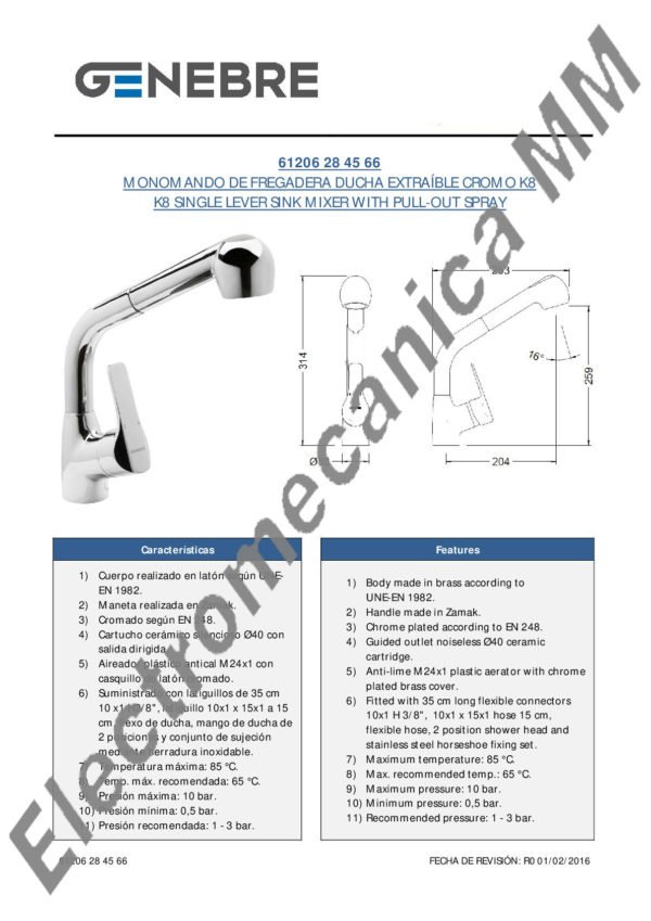 Monocomando Mesada Ducha Extensible – Genebre – Artículo 61206 28 45 66