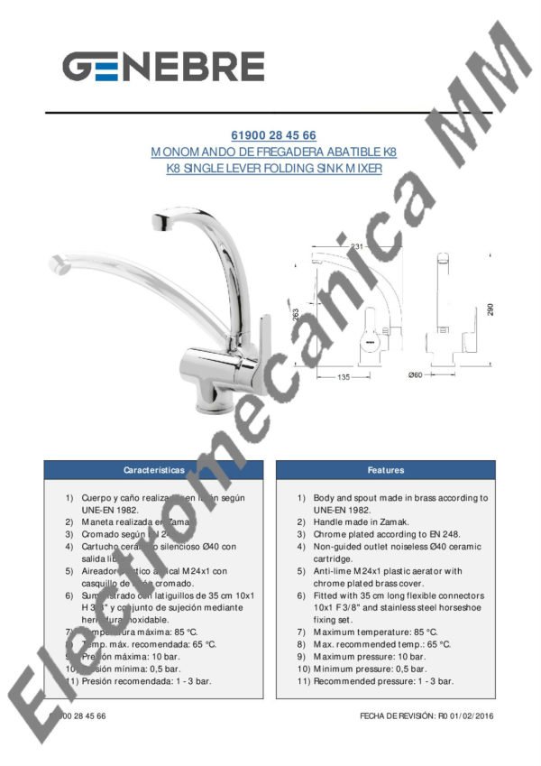 Monocomando Mesada Rebatible – Genebre – Artículo 61900 06 45 66