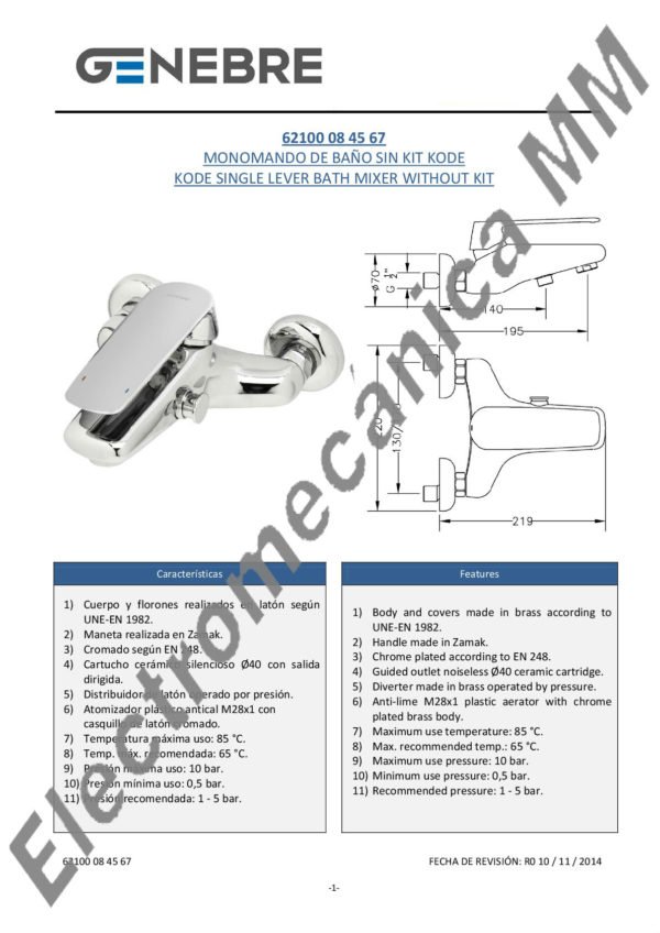 Monocomando Baño – Genebre – Artículo 62100 08 45 67