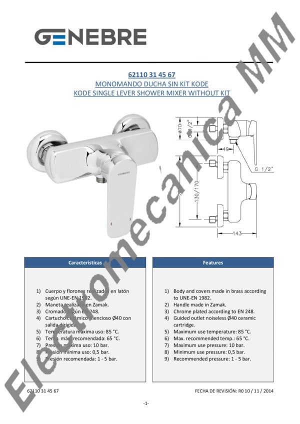 Monocomando Ducha – Genebre – Artículo 62110 31 45 67