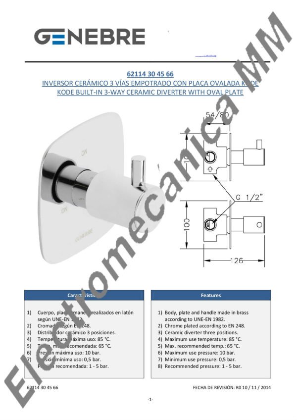 Inversor Cerámico Empotrado 3 Vías – Genebre – Artículo 62114 30 45 66