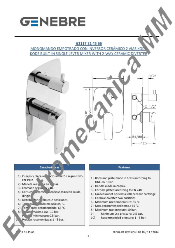 Monoc. Baño Empotrado Con Inversor 2 Vías – Genebre – Artículo 62117 31 45 66