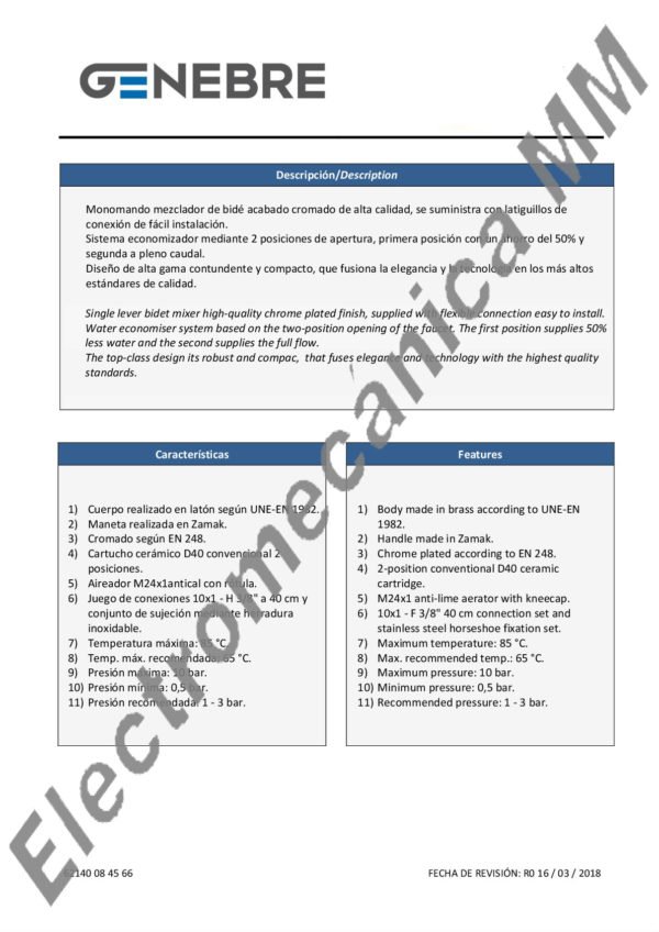 Monocomando Bidé Europeo – Genebre – Artículo 62140 08 45 66