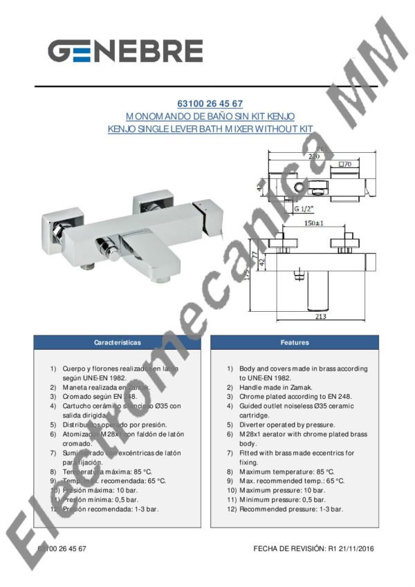 Monocomando De Baño Sin Kit – Genebre – Artículo 63100 26 45 67