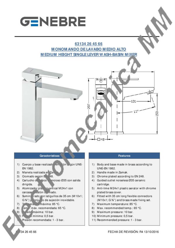 Monocomando De Lavatorio Medio-Alto – Genebre – Artículo 63134 26 45 66