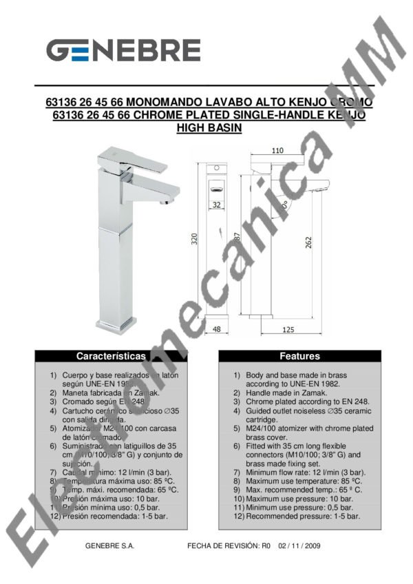 Monocomando Lavatorio Alto – Genebre – Artículo 63136 26 45 66