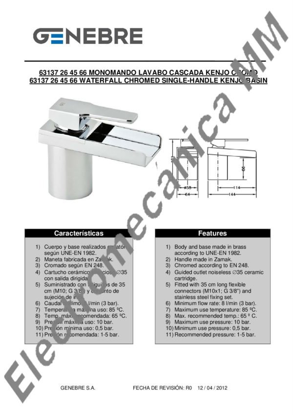 Monocomando De Lavatorio Cascada – Genebre – Artículo 63137 26 45 66