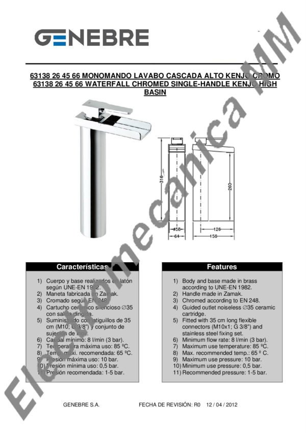 Monocomando De Lavatorio Cascada Alto – Genebre – Artículo 63138 26 45 66