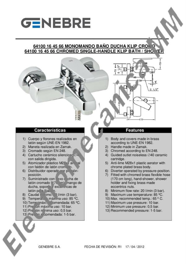 Monocomando De Baño Con Kit – Genebre – Artículo 64100 16 45 66