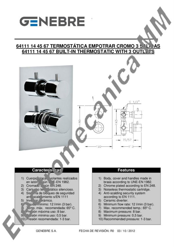 Termostatica Empotrada 3 Salidas – Genebre – Artículo 64111 14 45 67