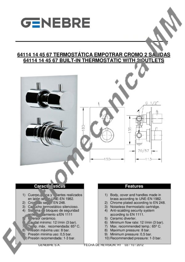 Termostática Empotrar 2 Salidas – Genebre – Artículo 64114 14 45 67