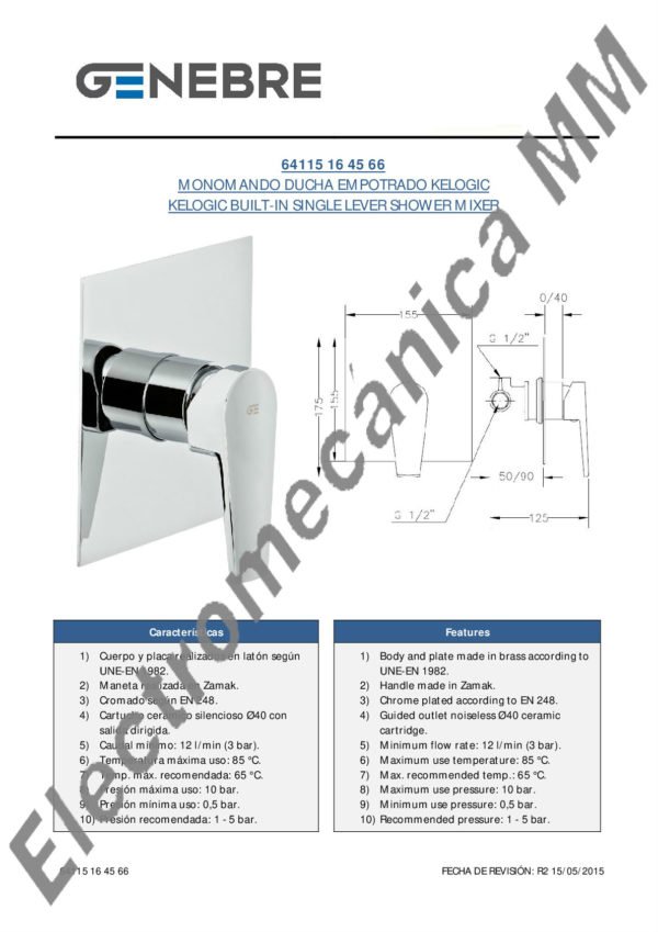 Monocomando Ducha Empotrado – Genebre – Artículo 64115 16 45 66