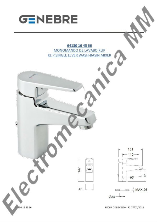 Monocomando Lavatorio – Genebre – Artículo 64130 16 45 66