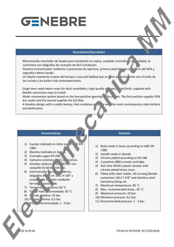 Monocomando Lavatorio – Genebre – Artículo 64130 16 45 66