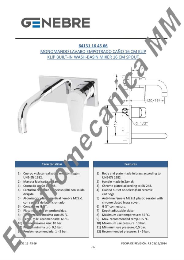 Monocomando Lavatorio Empotrado 16cm – Genebre – Artículo 64131 16 45 66