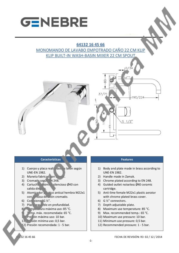 Monocomando Lavatorio Empotrado 22cm – Genebre – Artículo 64132 16 45 66