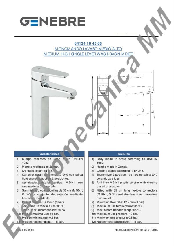 Monocomando Lavatorio Medio-Alto – Genebre – Artículo 64134 16 45 66