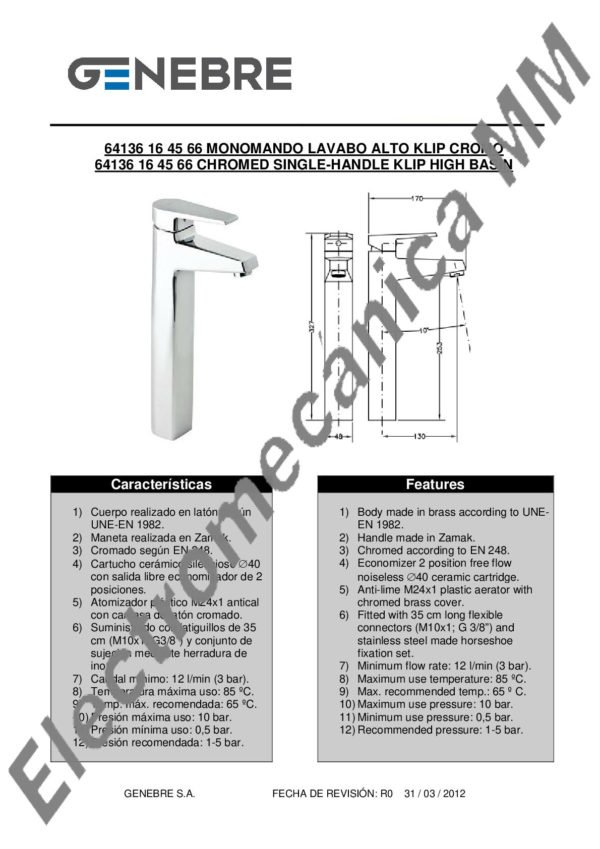 Monocomando Lavatorio Alto – Genebre – Artículo 64136 16 45 66