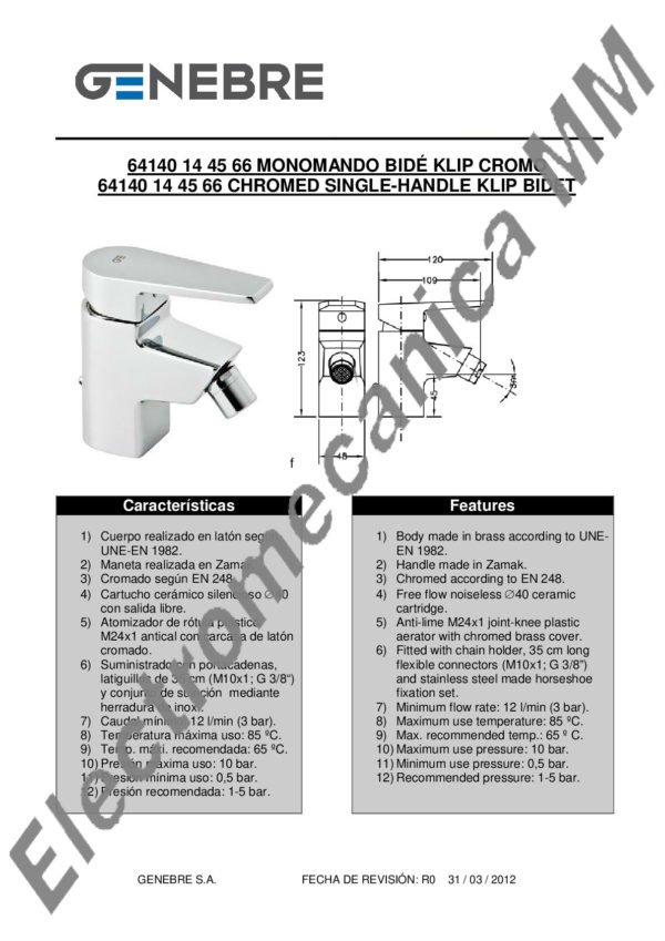 Monocomando Bidé Europeo – Genebre – Artículo 64140 16 45 66