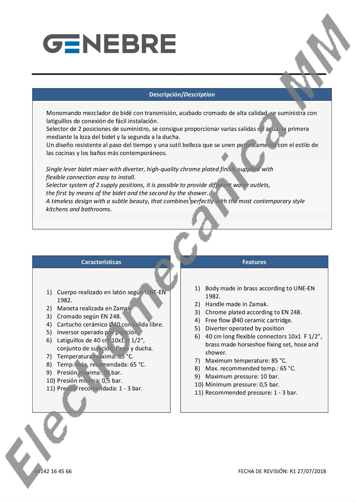 Monocomando Bidé Americano – Genebre – Artículo 64142 16 45 66
