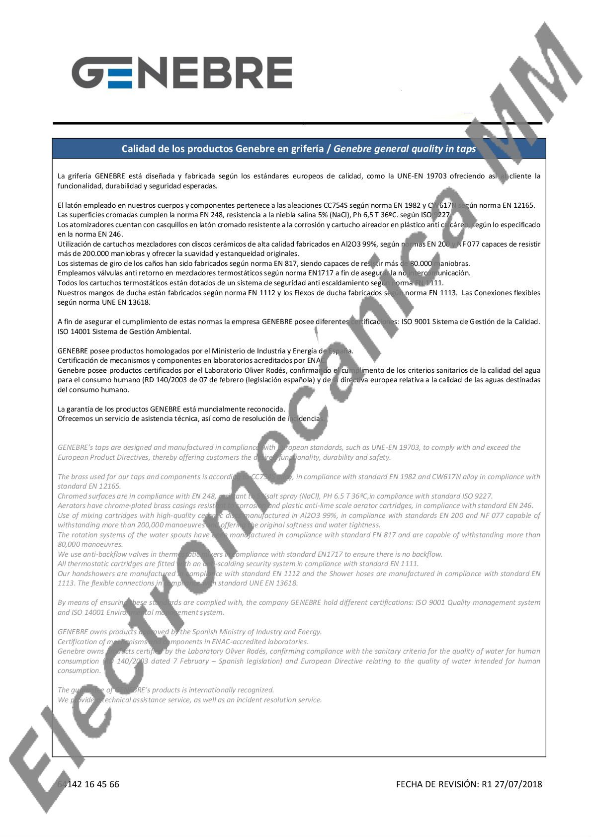 Monocomando Bidé Americano – Genebre – Artículo 64142 16 45 66