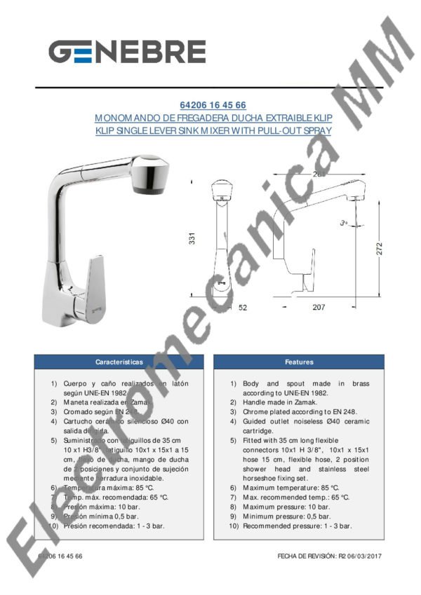 Monocomando Mesada Extensible – Genebre – Artículo 64206 16 45 66