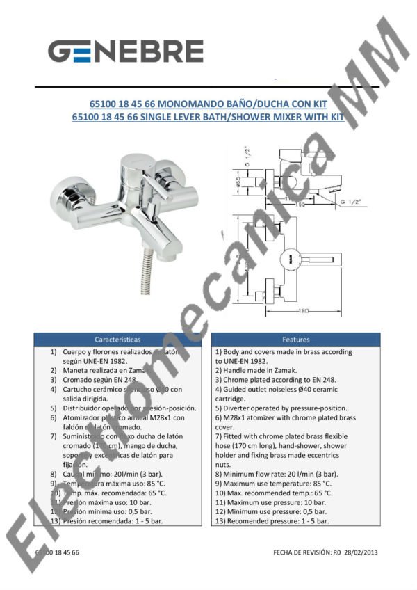 Monocomando Baño Con Kit – Genebre – Artículo 65100 18 45 66