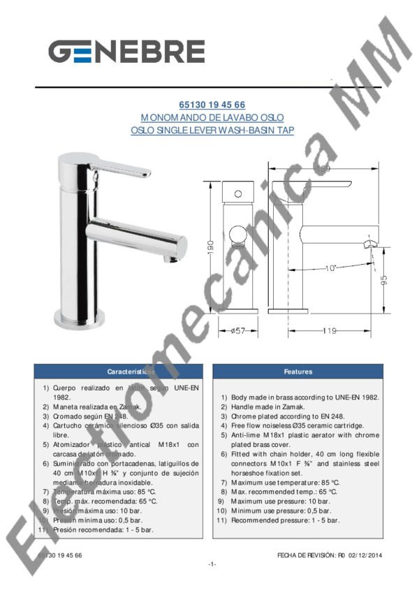 Monocomando Lavatorio – Genebre – Artículo 65130 19 45 66