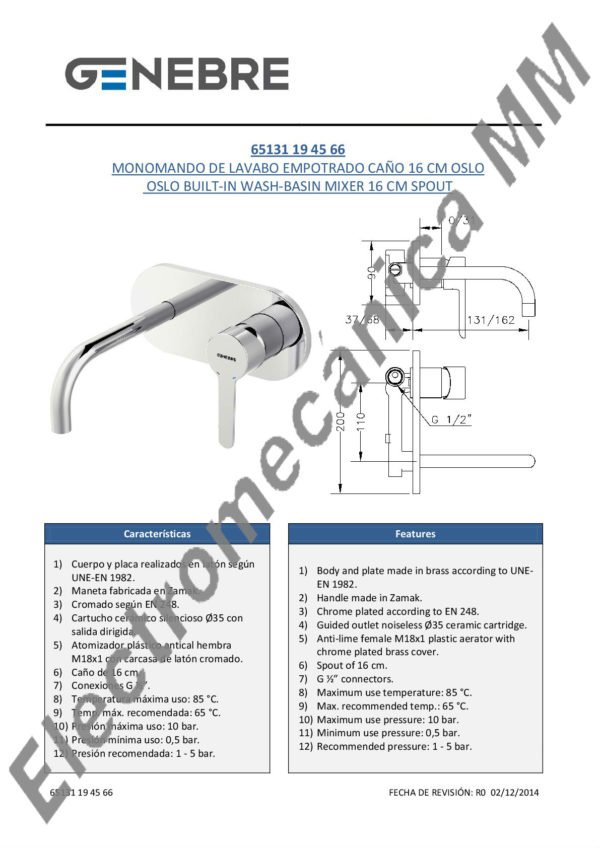 Monocomando De Lavatorio Empotrado Caño 16cm – Genebre – Artículo 65131 19 45 66