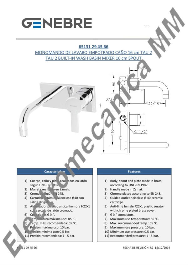 Monocomando Lavatorio Empotrado Caño 16cm – Genebre – Artículo 65131 29 45 66