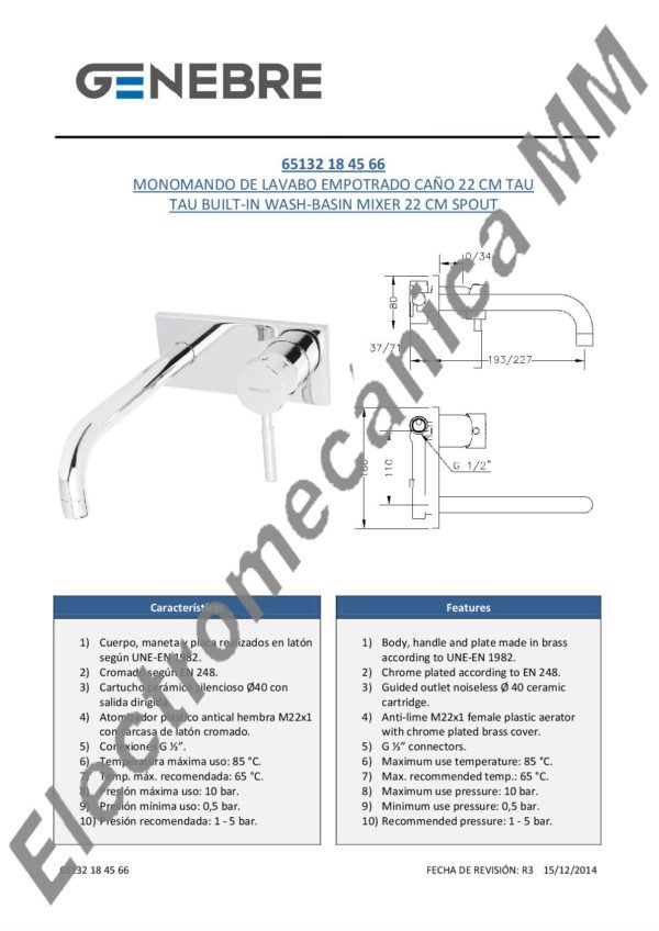 Monocomando Lavatorio Empotrado 22cm – Genebre – Artículo 65132 18 45 66