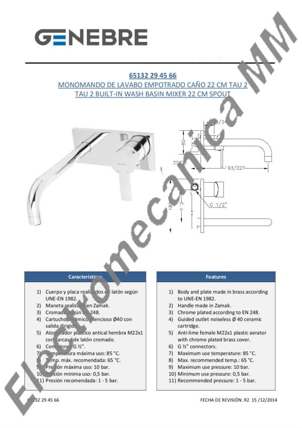 Monocomando Lavatorio Empotrado Caño 22cm – Genebre – Artículo 65132 29 45 66