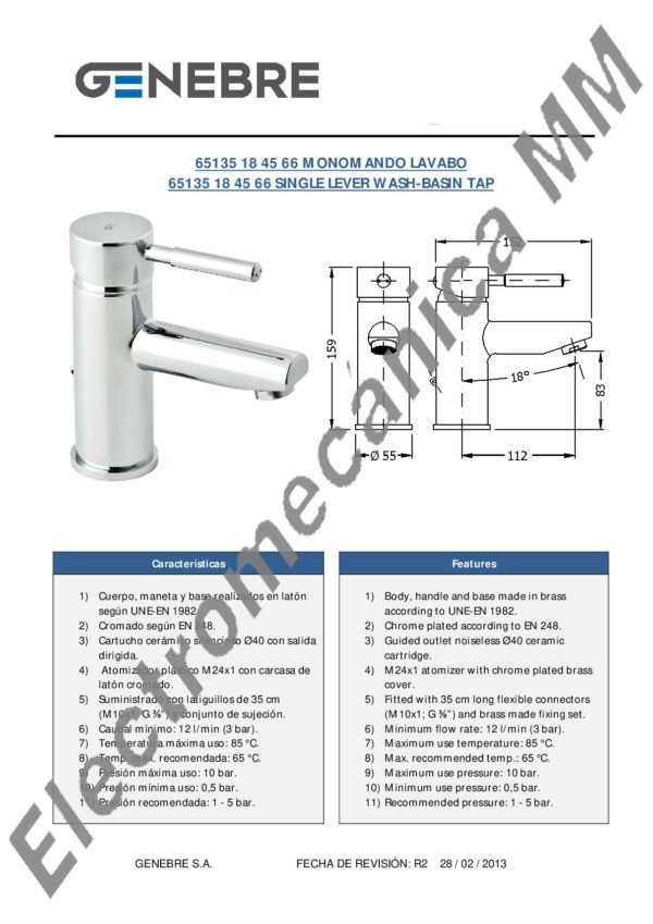 Monocomando Lavatorio – Genebre – Artículo 65135 18 45 66