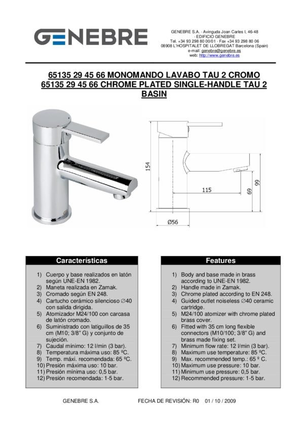 Monocomando Lavatorio – Genebre – Artículo 65135 29 45 66