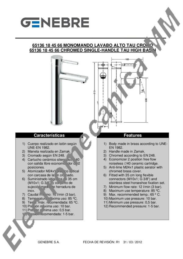 Monocomando De Lavatorio Alto – Genebre – Artículo 65136 18 45 66