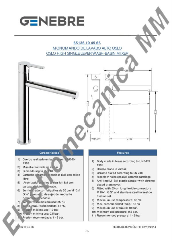 Monocomando De Lavatorio Alto – Genebre – Artículo 65136 19 45 66