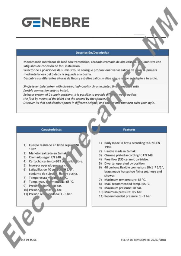 Monocomando De Bidé Americano – Genebre – Artículo 65142 19 45 66