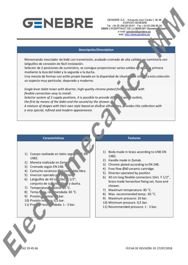 Monocomando Bidé Americano – Genebre – Artículo 65142 29 45 66