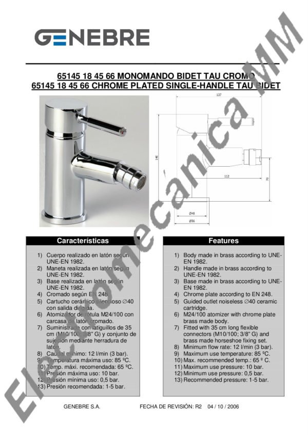 Monocomando Bidé Europeo – Genebre – Artículo 65145 18 45 66