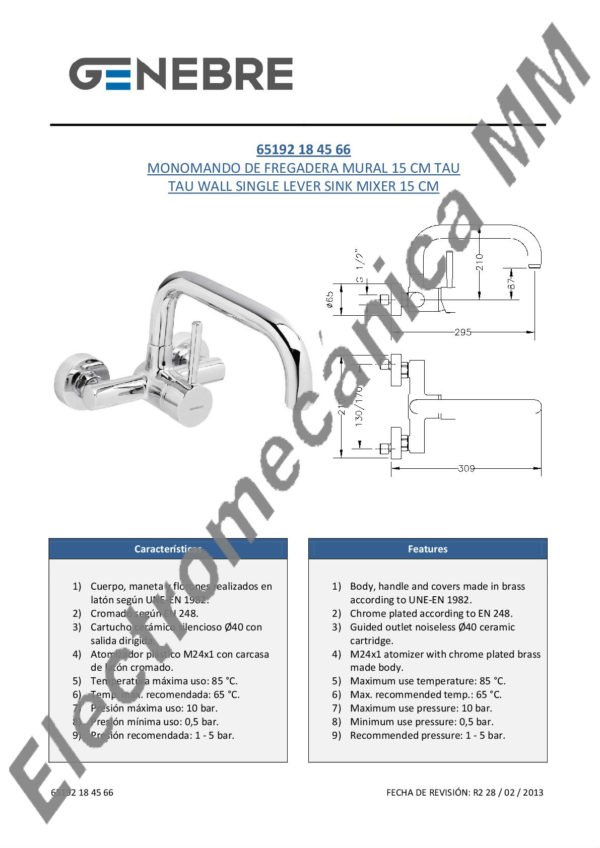 Monocomando Pared – Genebre – Artículo 65192 18 45 66