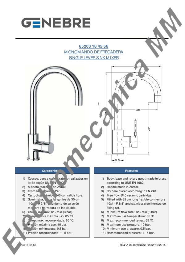 Monocomando Mesada Inox Caño Cisne – Genebre – Artículo 65203 18 60 66