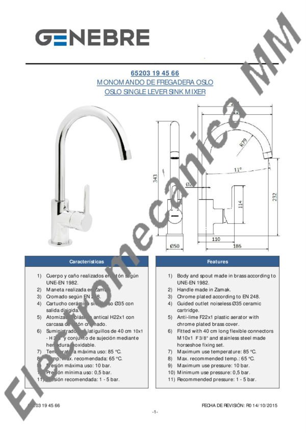 Monocomando Mesada – Genebre – Artículo 65203 19 45 66