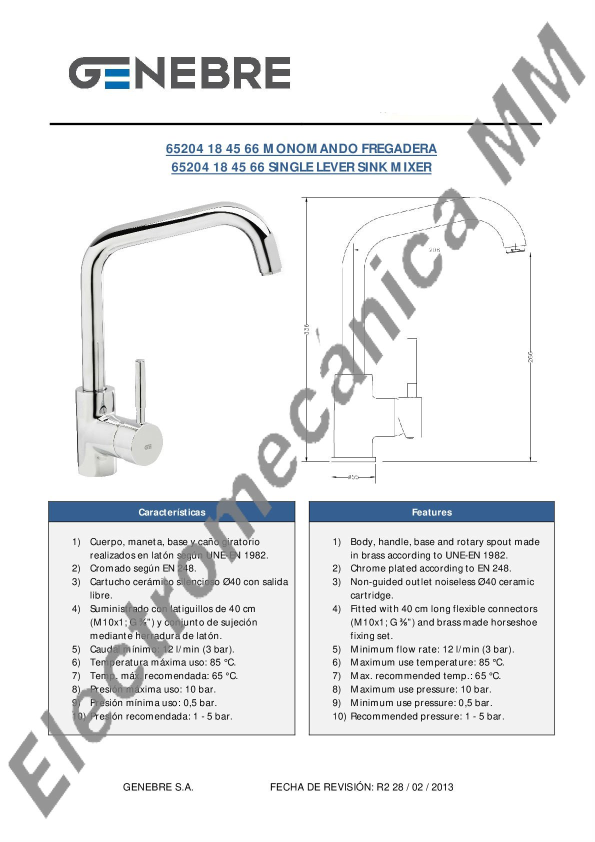 Monocomando Mesada V.T. – Genebre – Artículo 65204 18 45 66