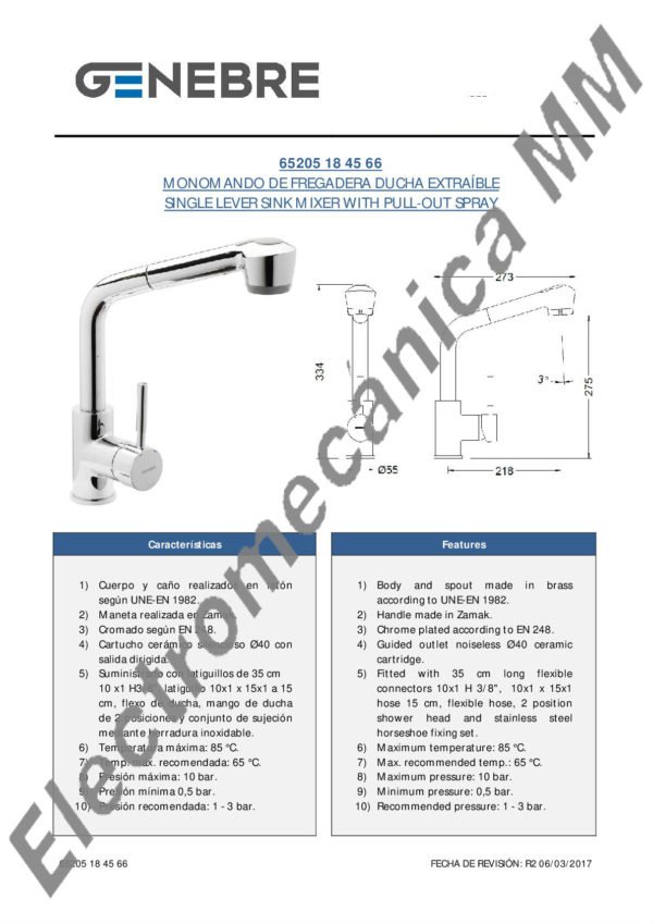 Monocomando Mesada Extensible – Genebre – Artículo 65205 18 45 66