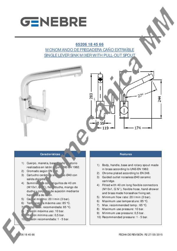 Monocomando Mesada Extensible – Genebre – Artículo 65206 18 45 66